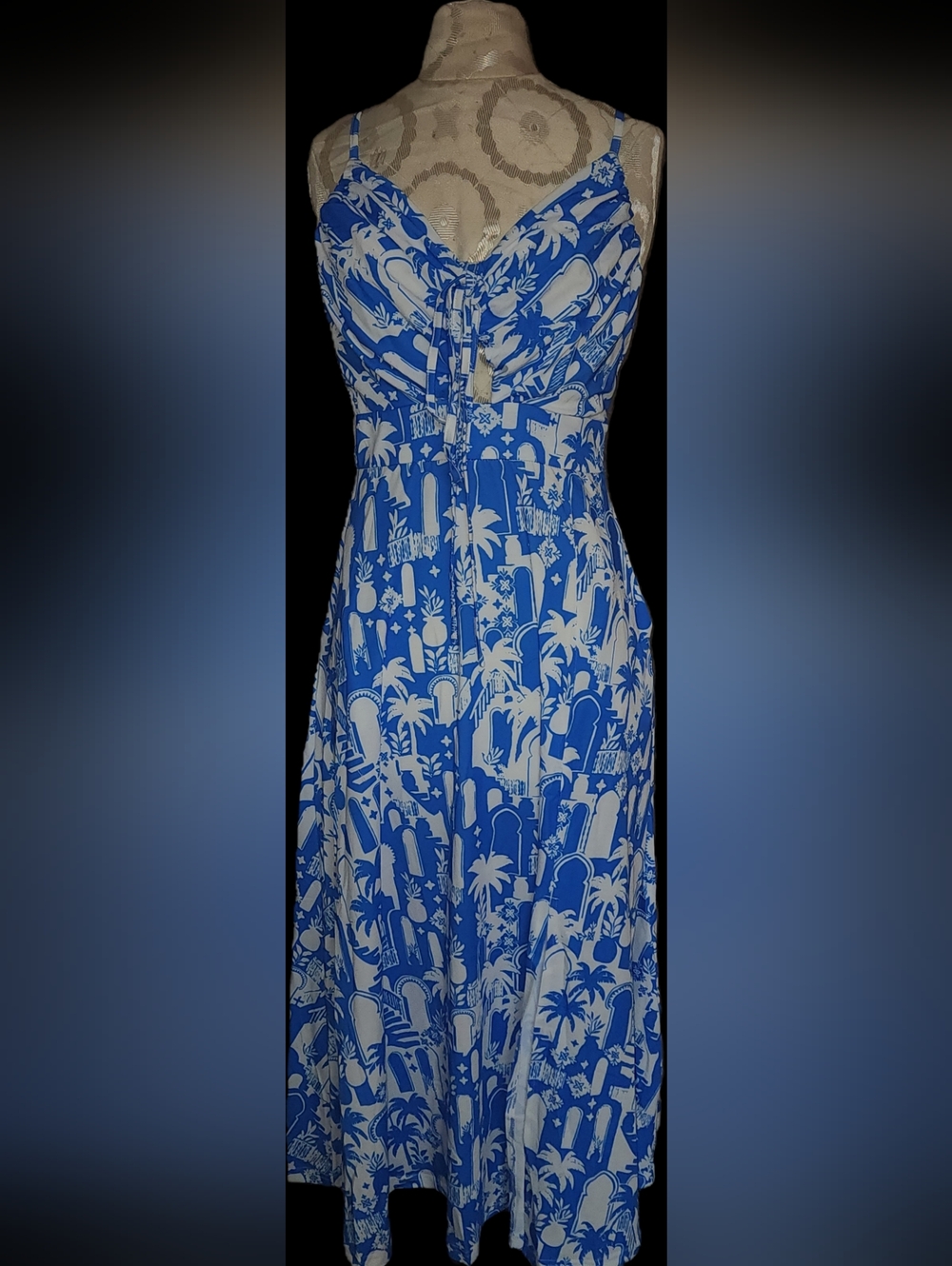 Grace Karin Blue and White Tropical Strap Maxi Dress